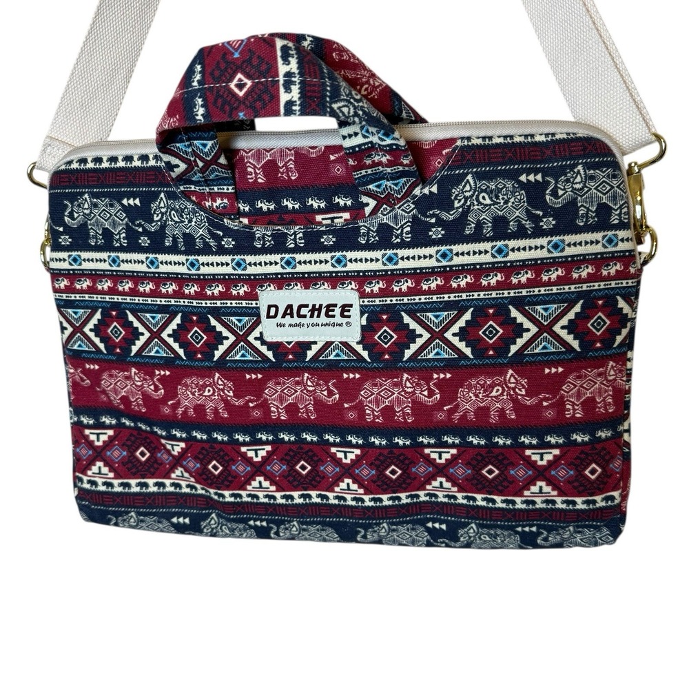 Dachee Laptop Shoulder Messenger Bag‎ Red Elephant Pattern Canvas Waterproof 15"